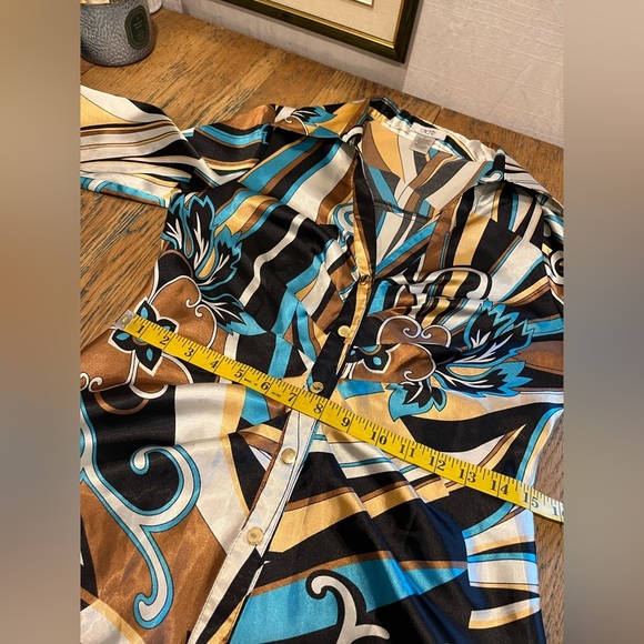 💙 CACHE Blouse – Size S – Bold Retro Print in Blue, Gold & Black vintage - Picture 6 of 8